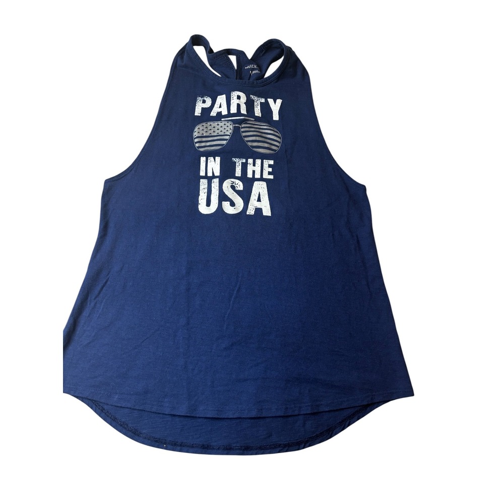 BCG Party in the USA Navy Blue Graphic Tank Top Twisted Racerback Large